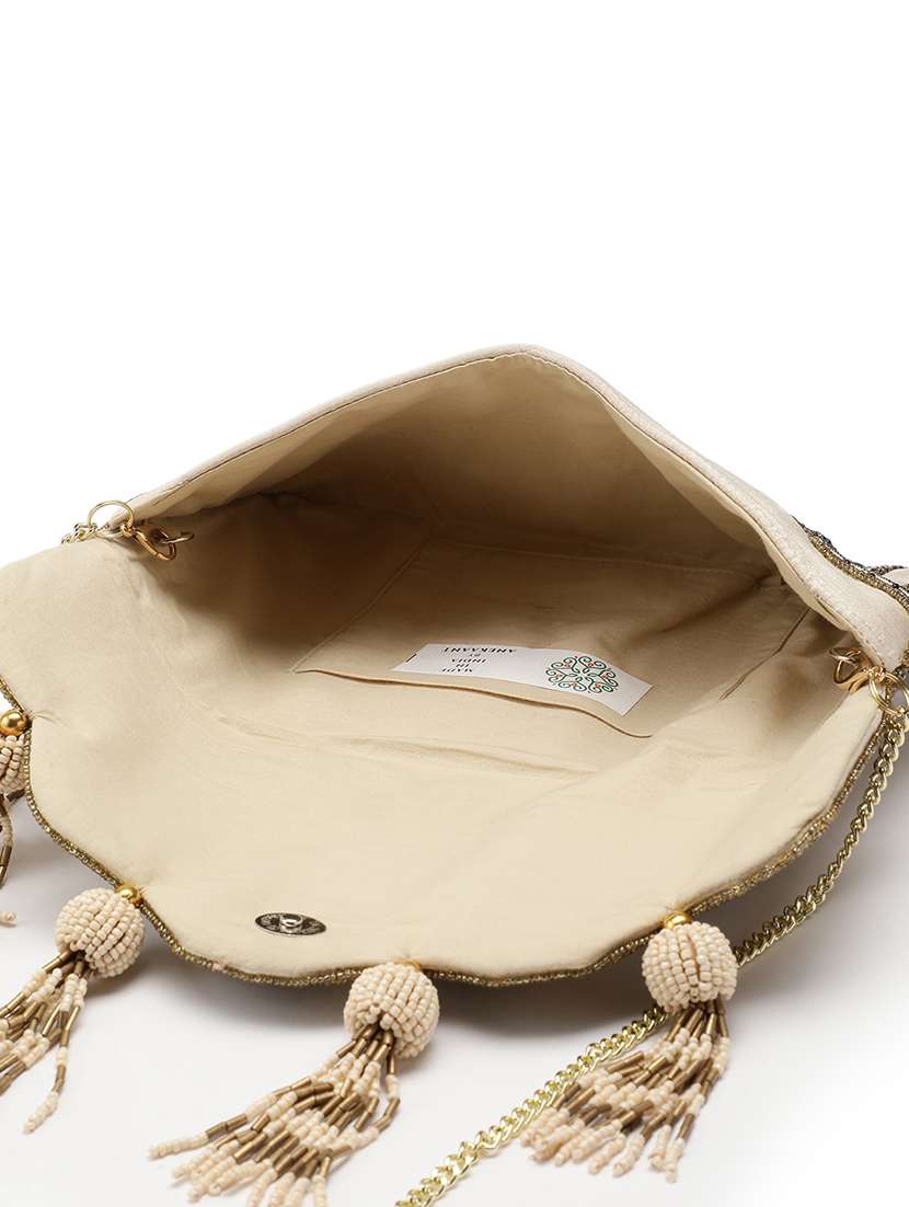 striped embellished beige clutch with tassels - 22145743 -  Standard Image - 2