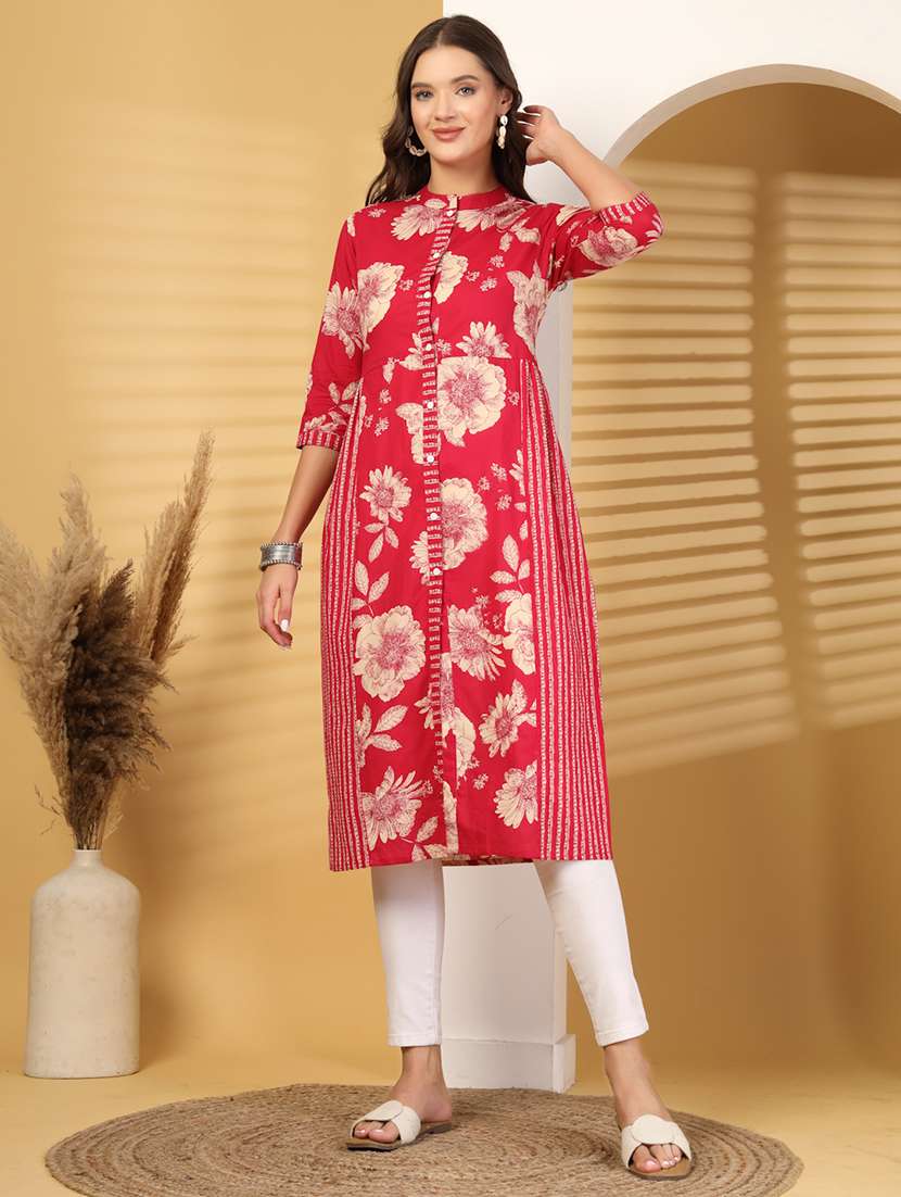 women floral printed three quarter sleeve a-line kurta 