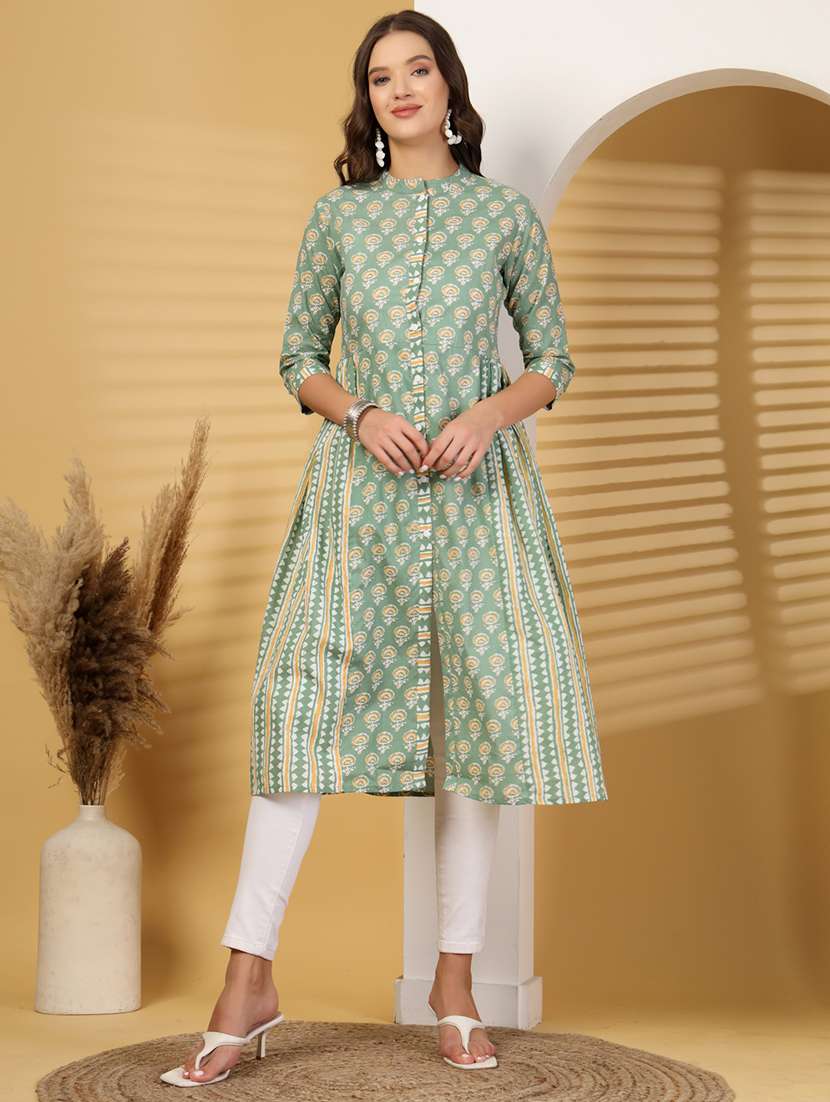 women floral printed three quarter sleeve a-line kurta 