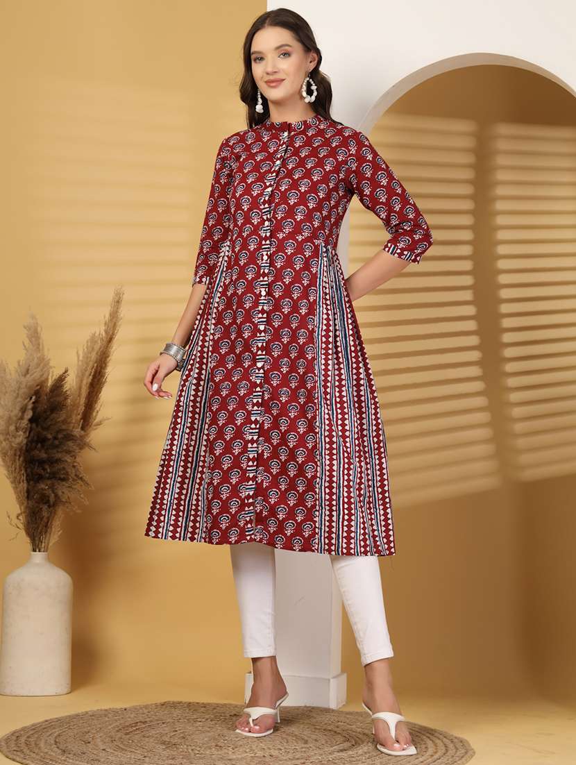 women floral printed three quarter sleeve a-line kurta 