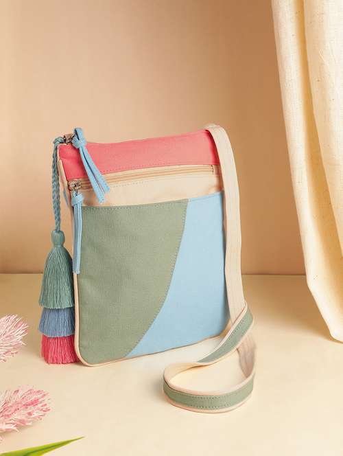 colorblock canvas sling bag with tassels - 22145801 -  Standard Image - 0