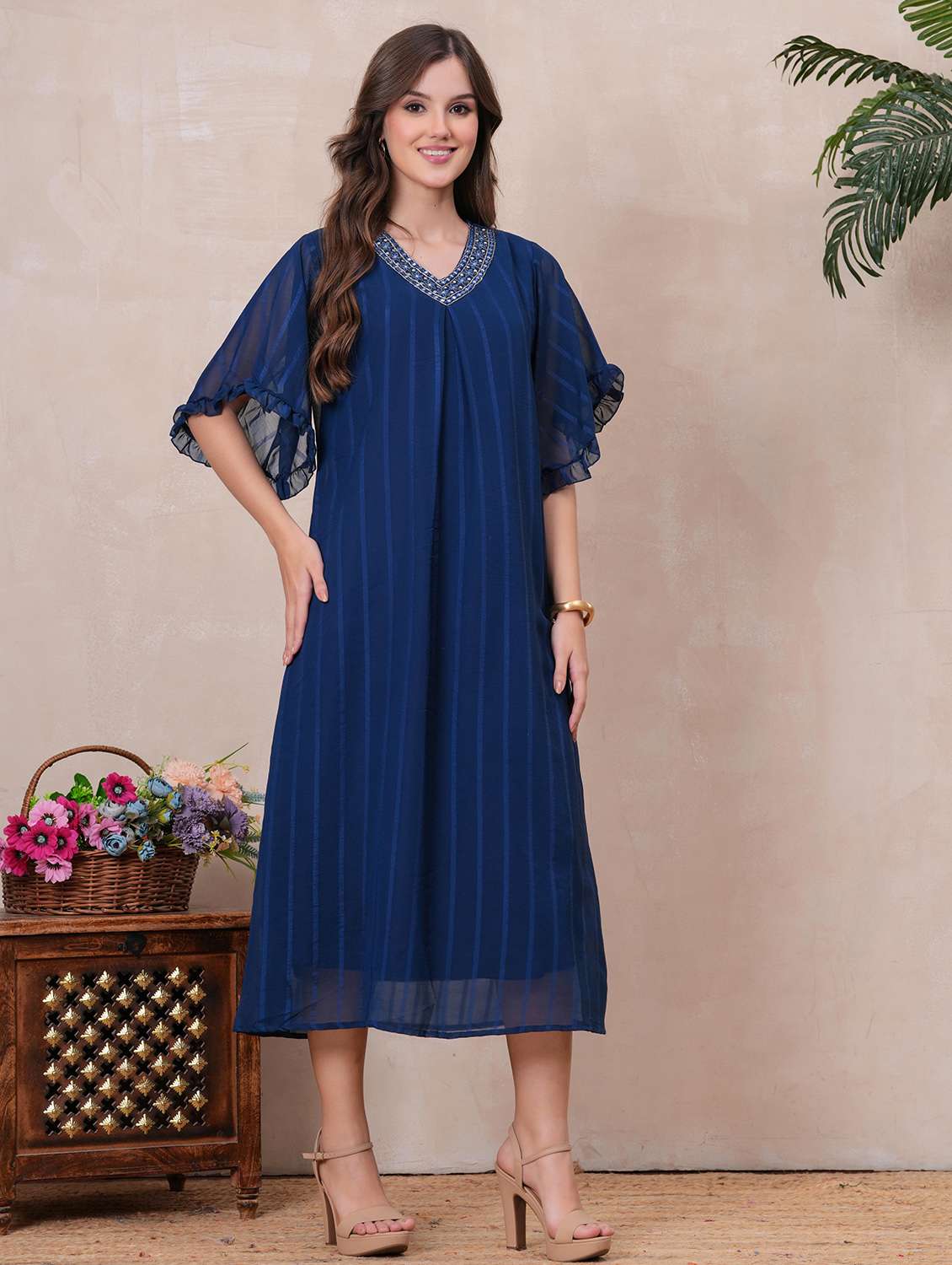 women striped flared sleeve a-line ethnic dress - 22145854 -  Standard Image - 2