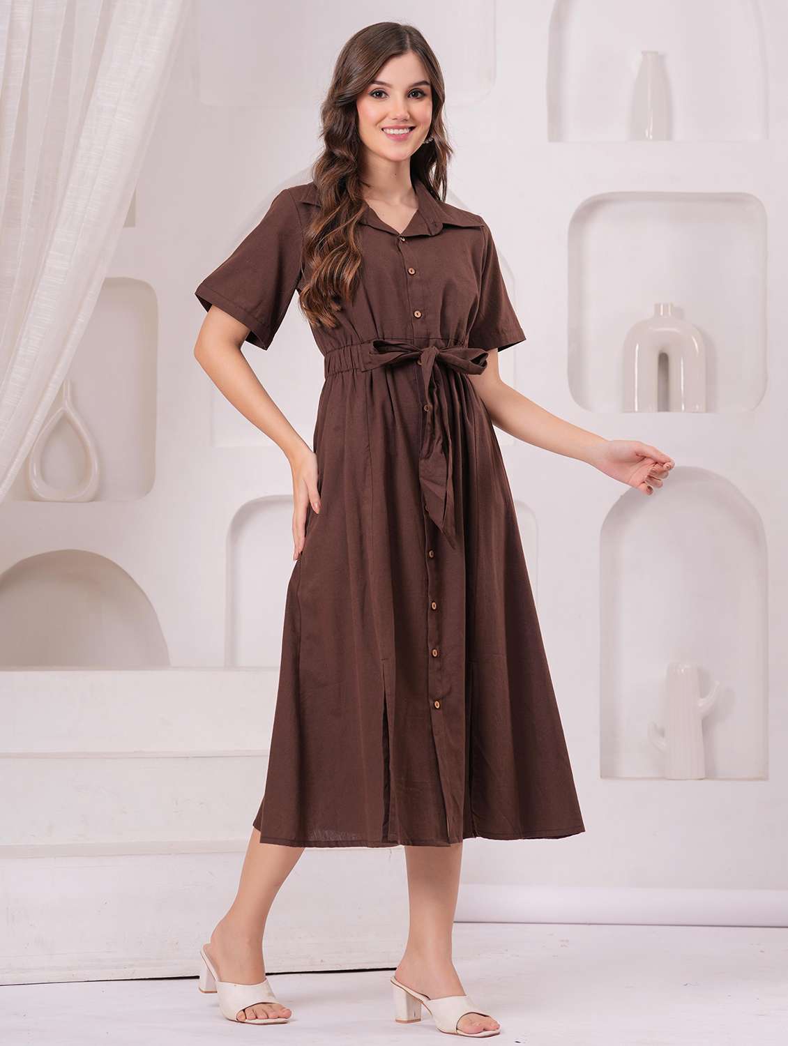 women solid short sleeve a-line ethnic dress - 22145855 - Standard Image - 2