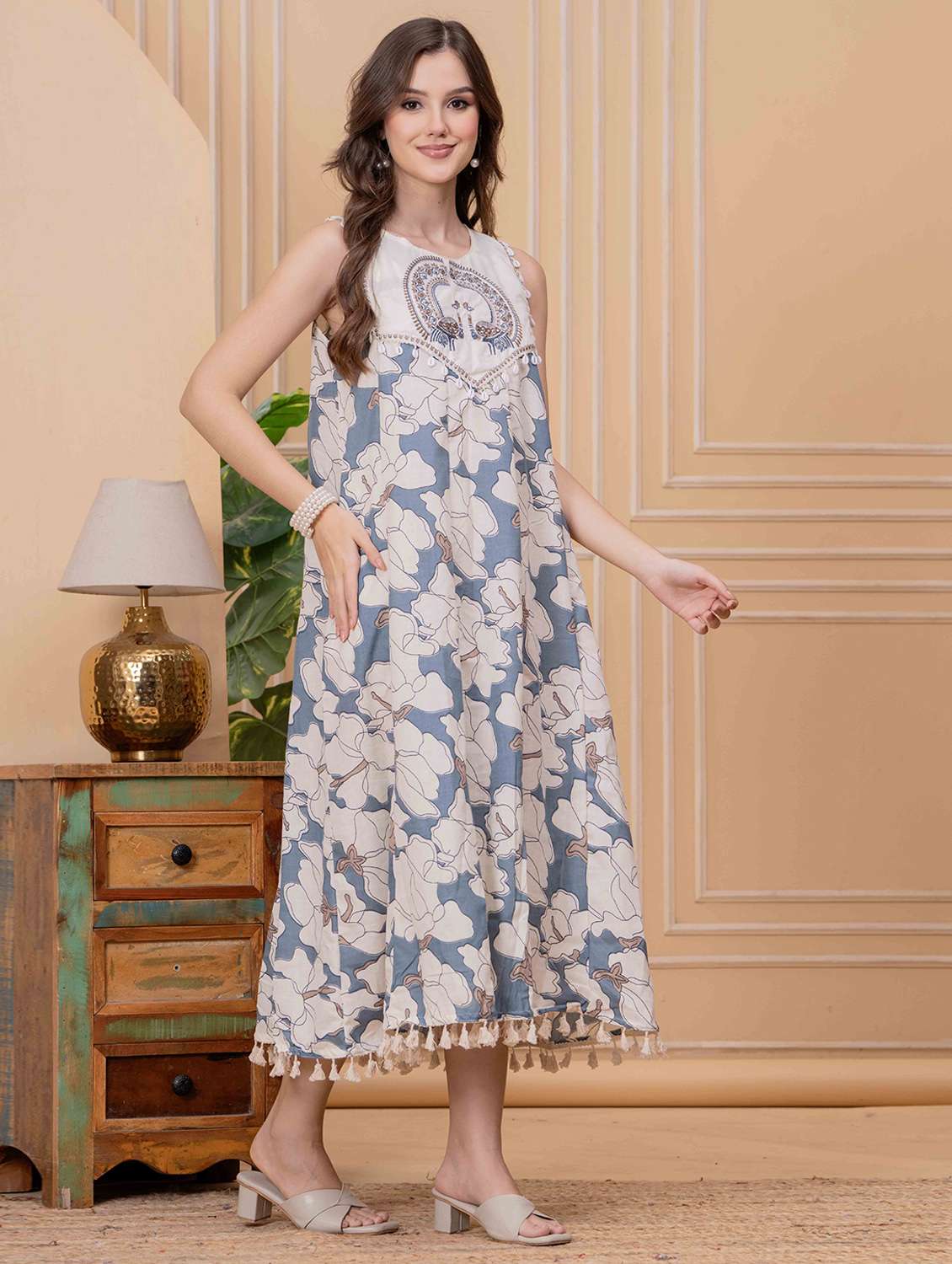 women floral printed sleeveless a-line ethnic dress - 22145856 - Standard Image - 2
