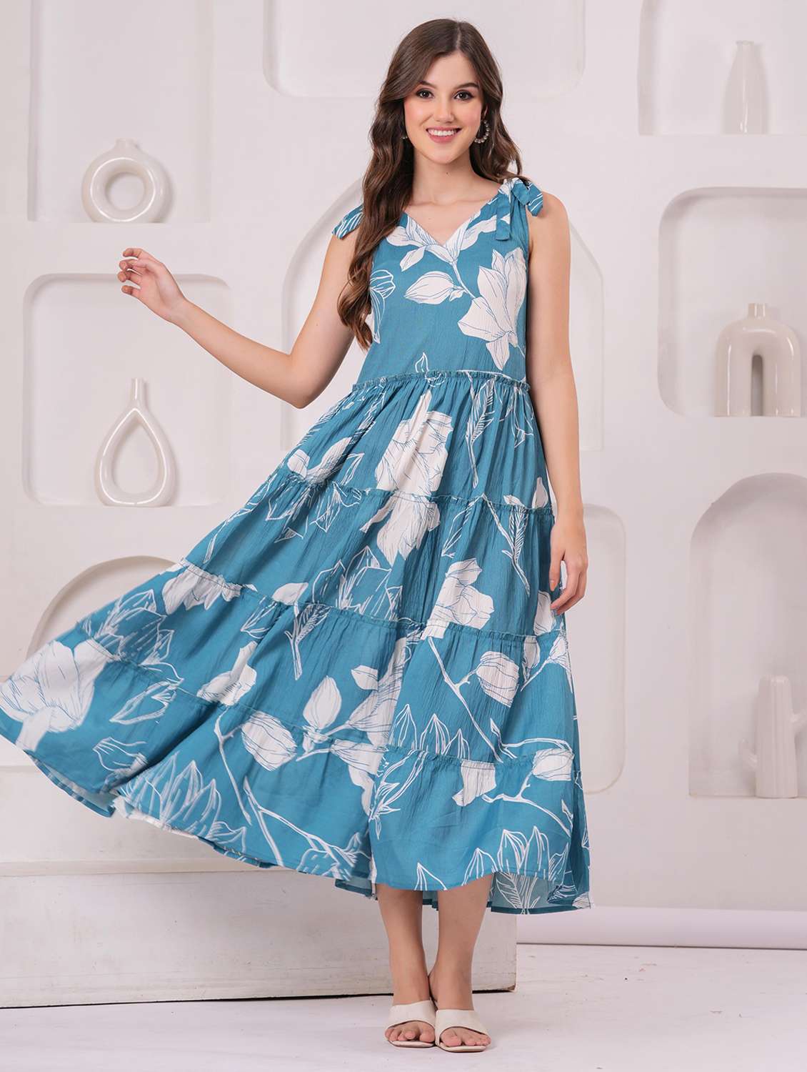 women floral printed sleeveless tiered dress - 22145863 - Standard Image - 2