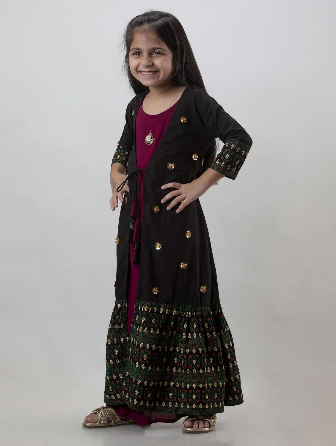 girls printed three quarter sleeve layered gown - 22145881 -  Standard Image - 2
