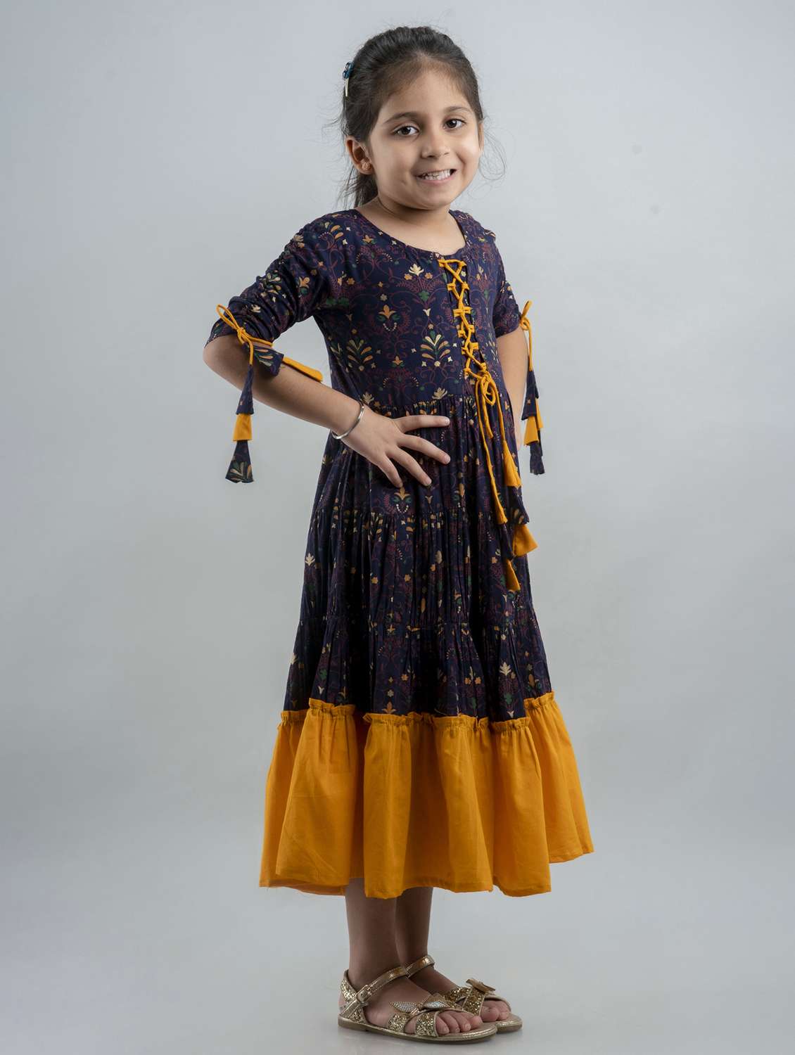 girls printed three quarter sleeve tiered gown - 22145882 -  Standard Image - 2