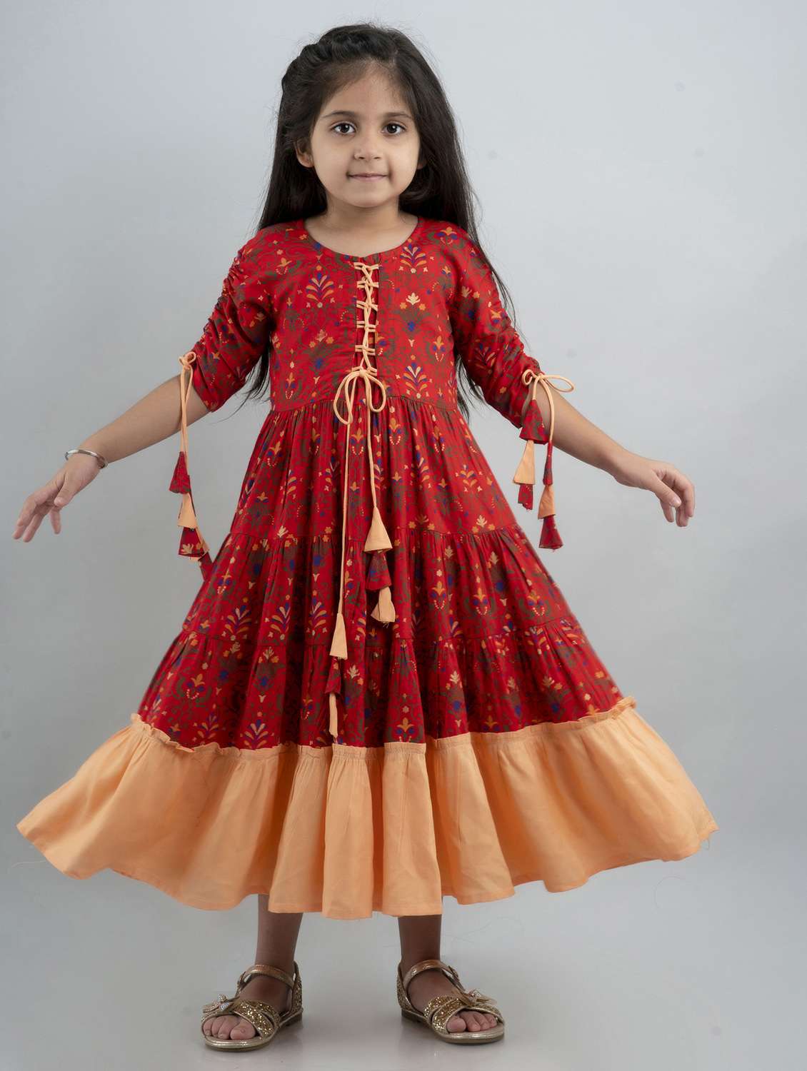 girls printed three quarter sleeve tiered gown - 22145883 -  Standard Image - 2