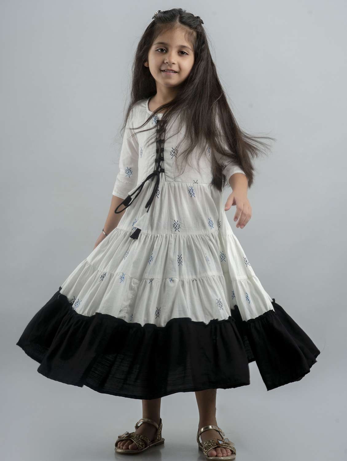 girls printed three quarter sleeve tiered gown - 22145884 -  Standard Image - 2