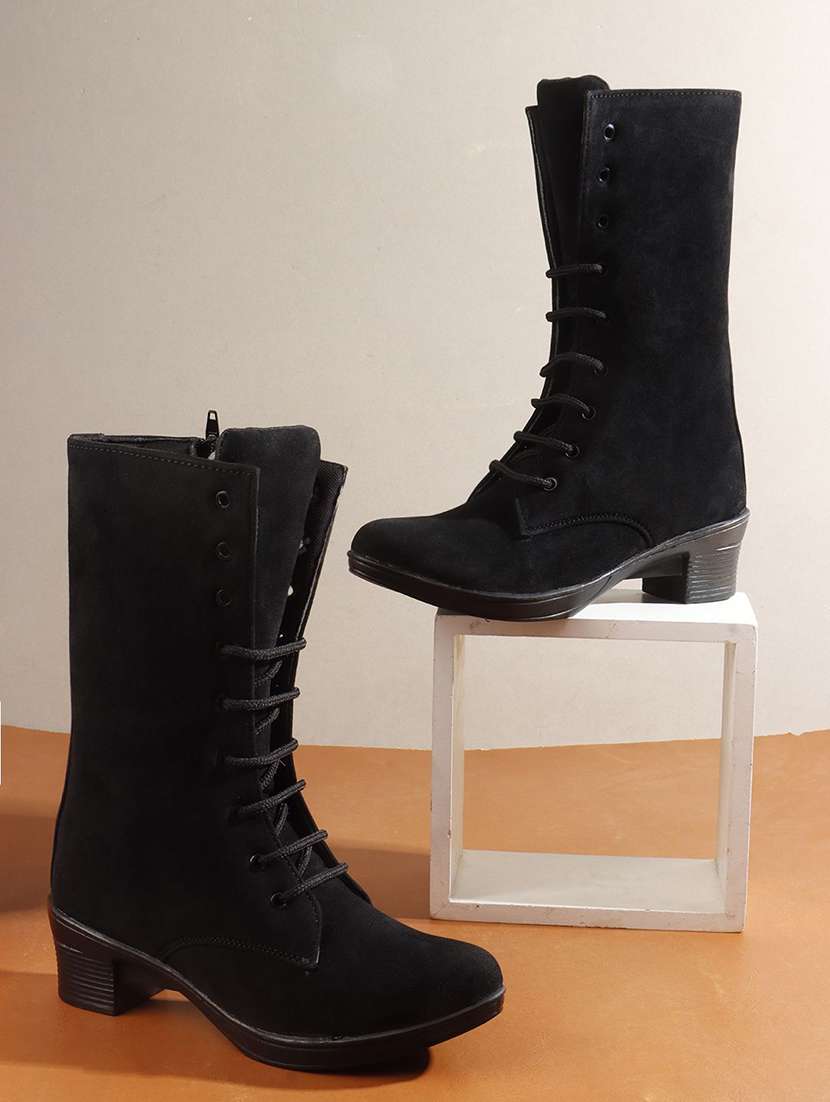 women solid lace up calf length boot