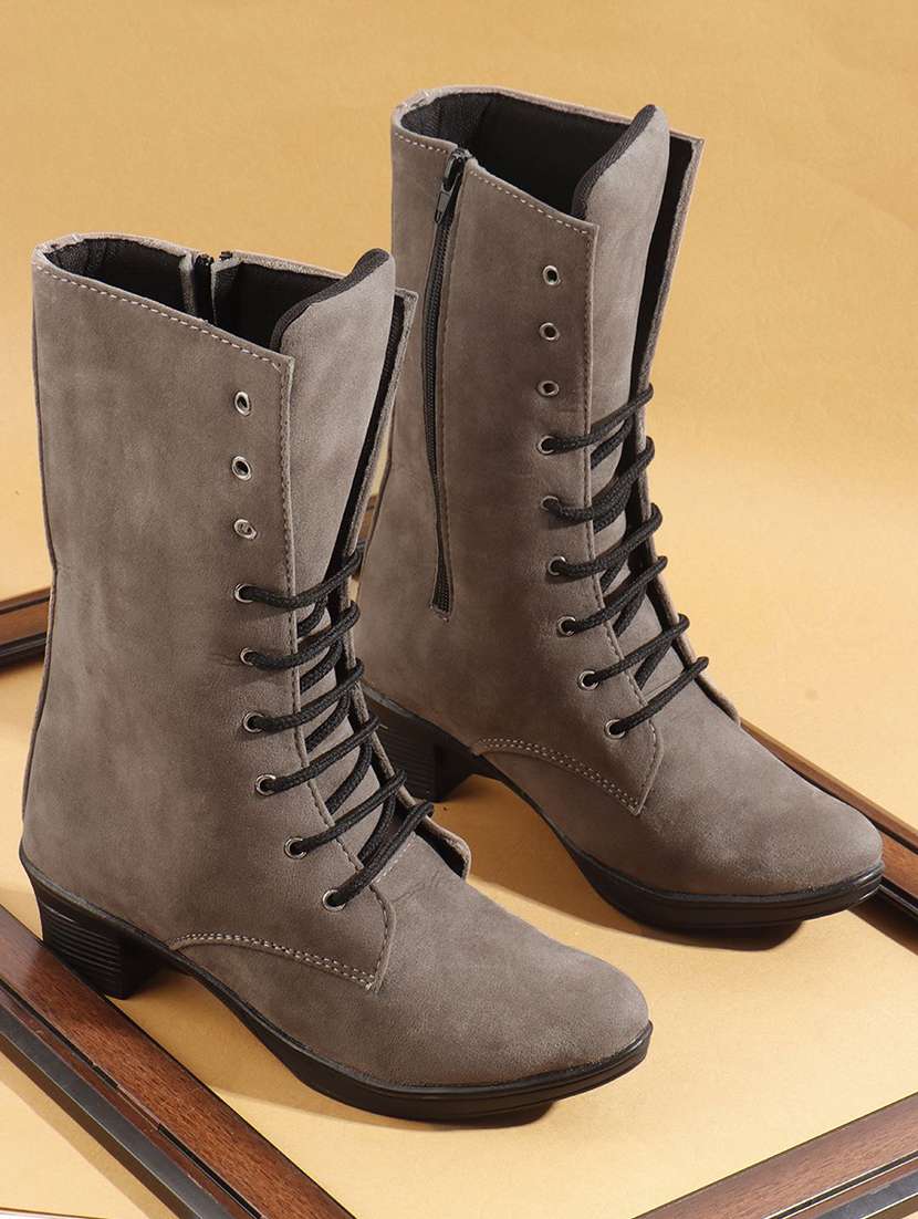 women solid lace up calf length boot