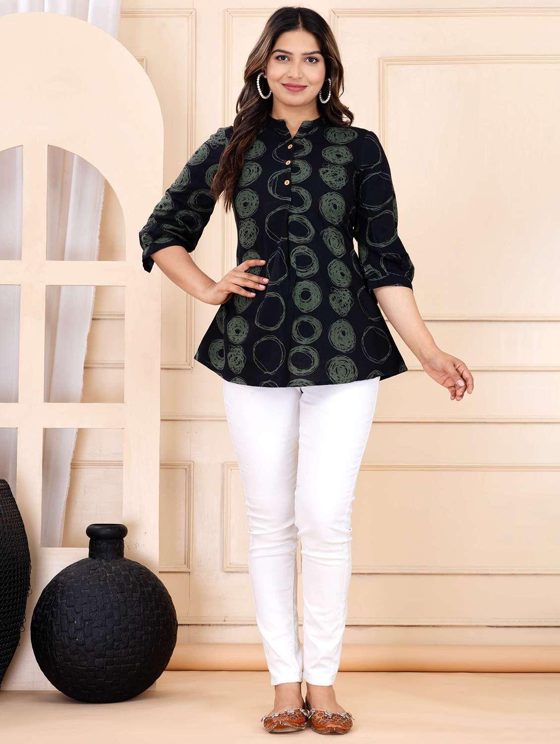 women printed three quarter sleeve ethnic top - 22146144 - Standard Image - 2