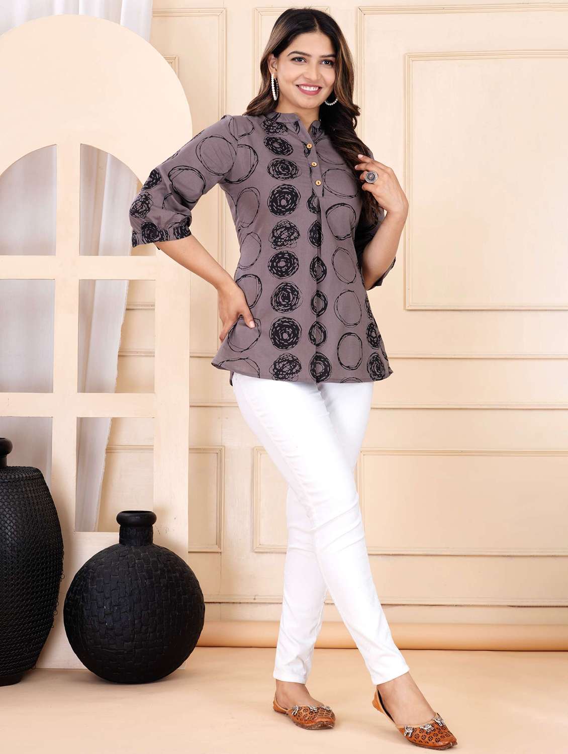 women printed three quarter sleeve ethnic top - 22146145 - Standard Image - 2