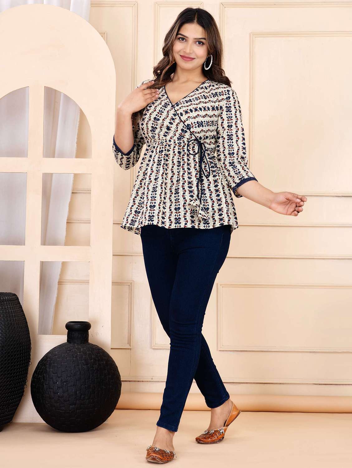 women printed three quarter sleeve ethnic top - 22146146 - Standard Image - 2