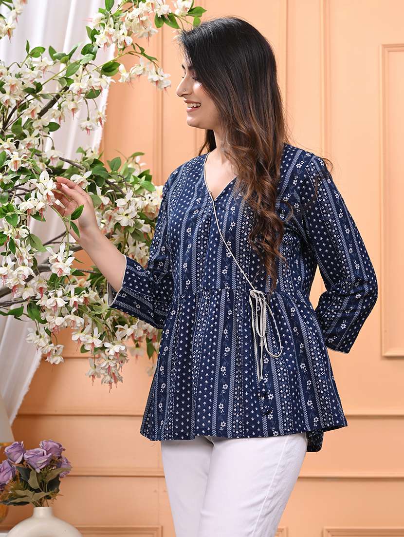 women printed three quarter sleeve ethnic top - 22146149 -  Standard Image - 2