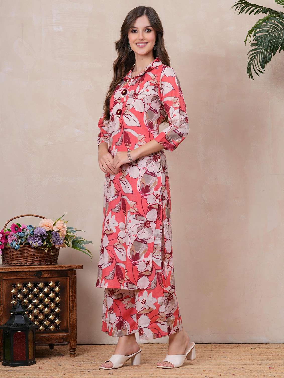 women floral printed three quarter sleeve kurta palazzo set - 22146631 -  Standard Image - 2