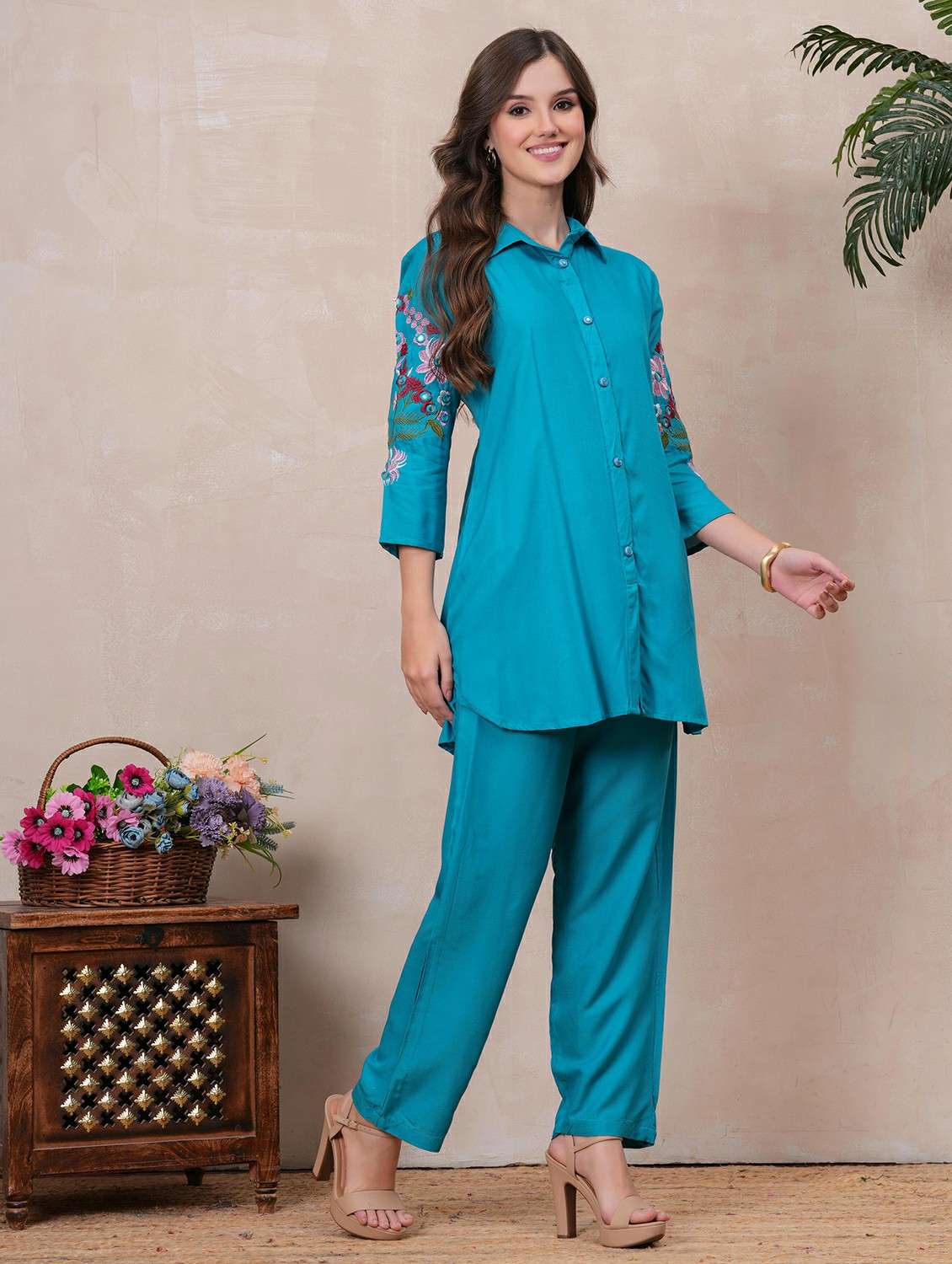 women three quarter sleeve regular fit ethnic co-ord set - 22146638 -  Standard Image - 2