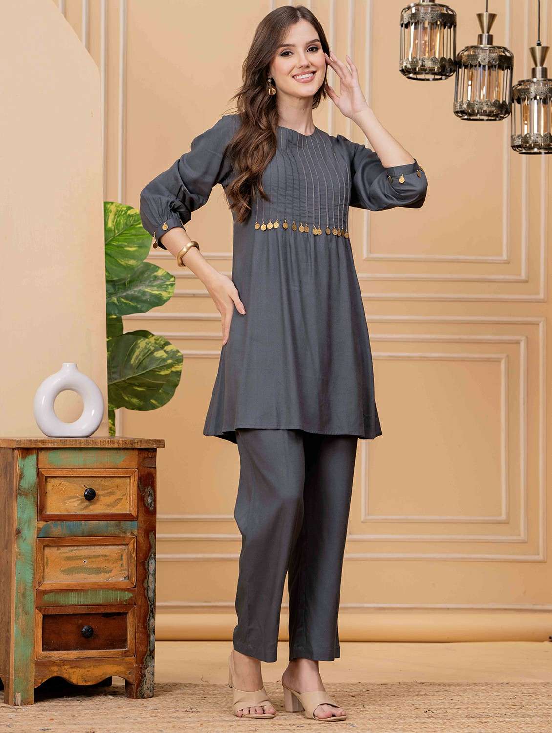 women three quarter sleeve regular fit ethnic co-ord set - 22146641 -  Standard Image - 2