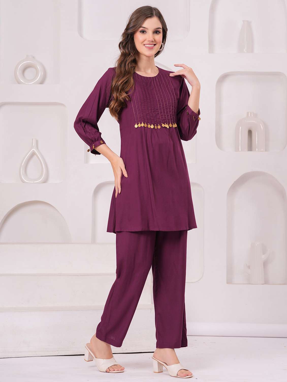 women three quarter sleeve regular fit ethnic co-ord set - 22146642 -  Standard Image - 2