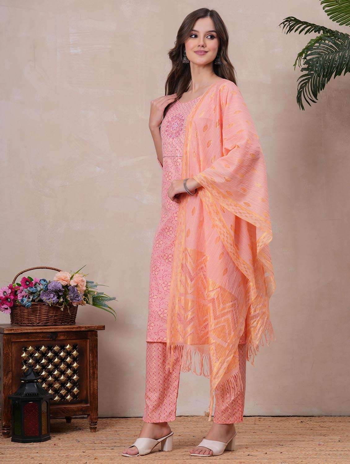 women printed three quarter sleeve kurta pant with dupatta set - 22146643 -  Standard Image - 2
