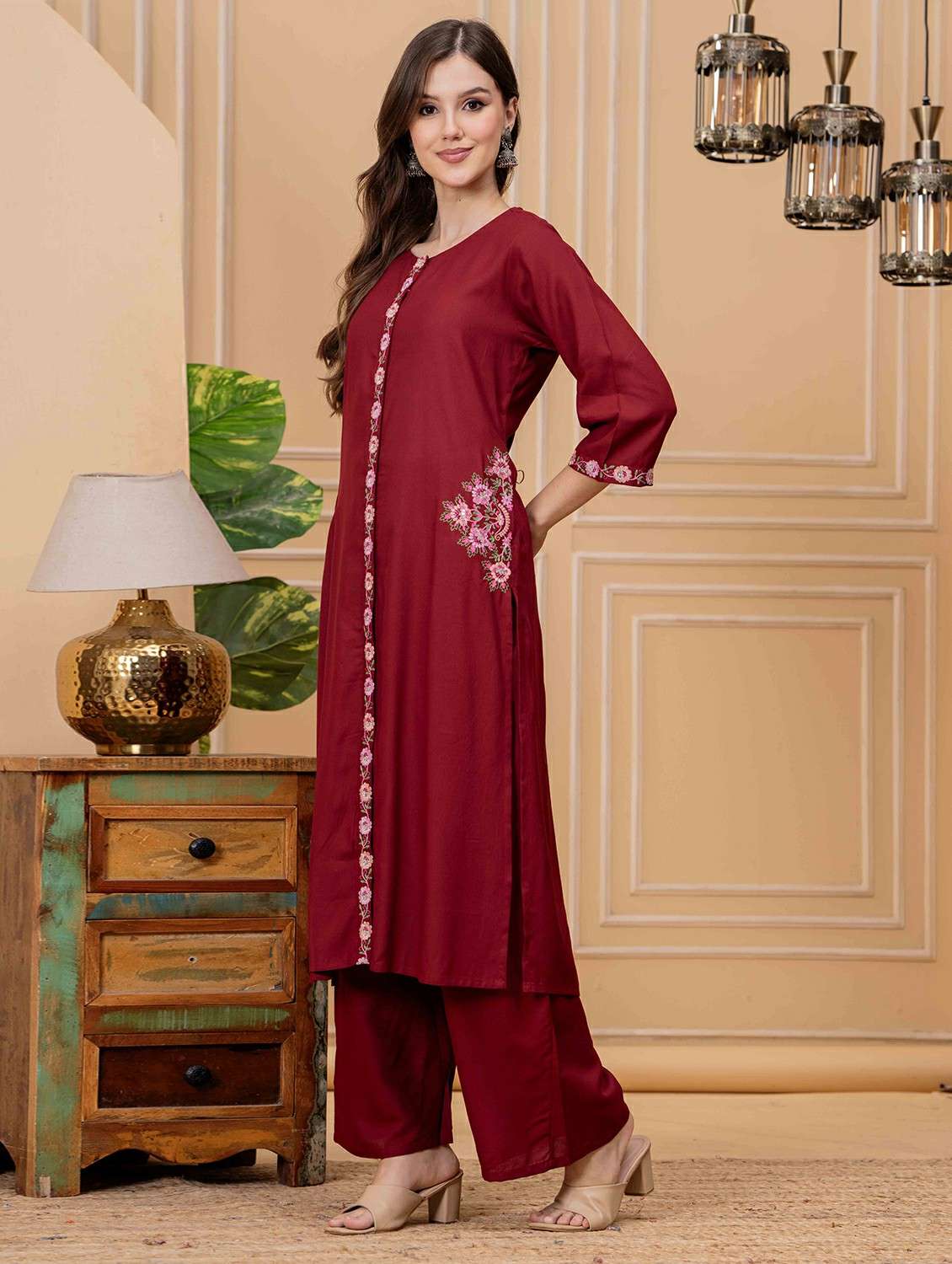 women embroidered three quarter sleeve kurta palazzo set - 22146644 -  Standard Image - 2