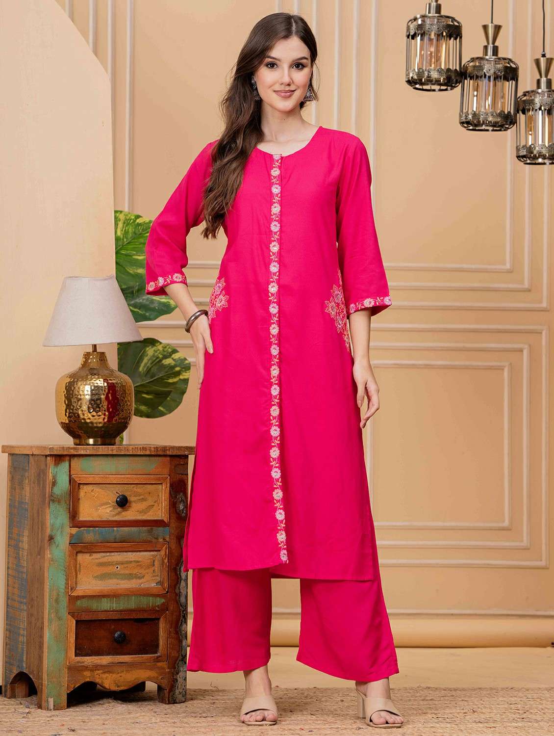 women embroidered three quarter sleeve kurta palazzo set - 22146645 -  Standard Image - 2