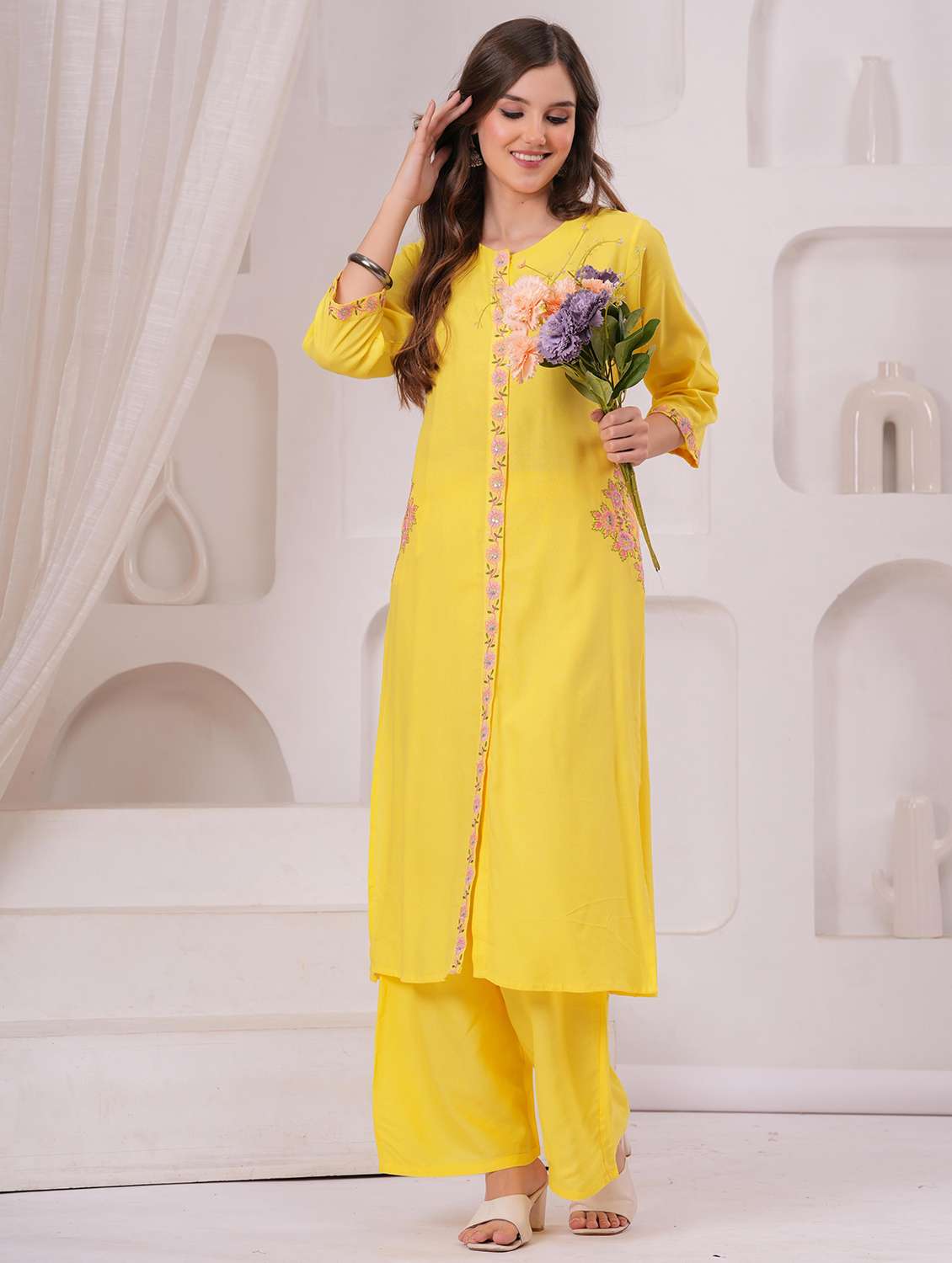women embroidered three quarter sleeve kurta palazzo set
