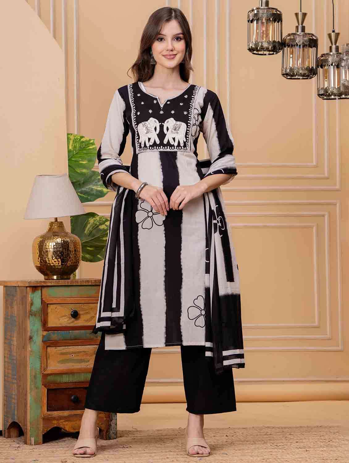 women printed three quarter sleeve kurta pant with dupatta set - 22146648 - Standard Image - 2
