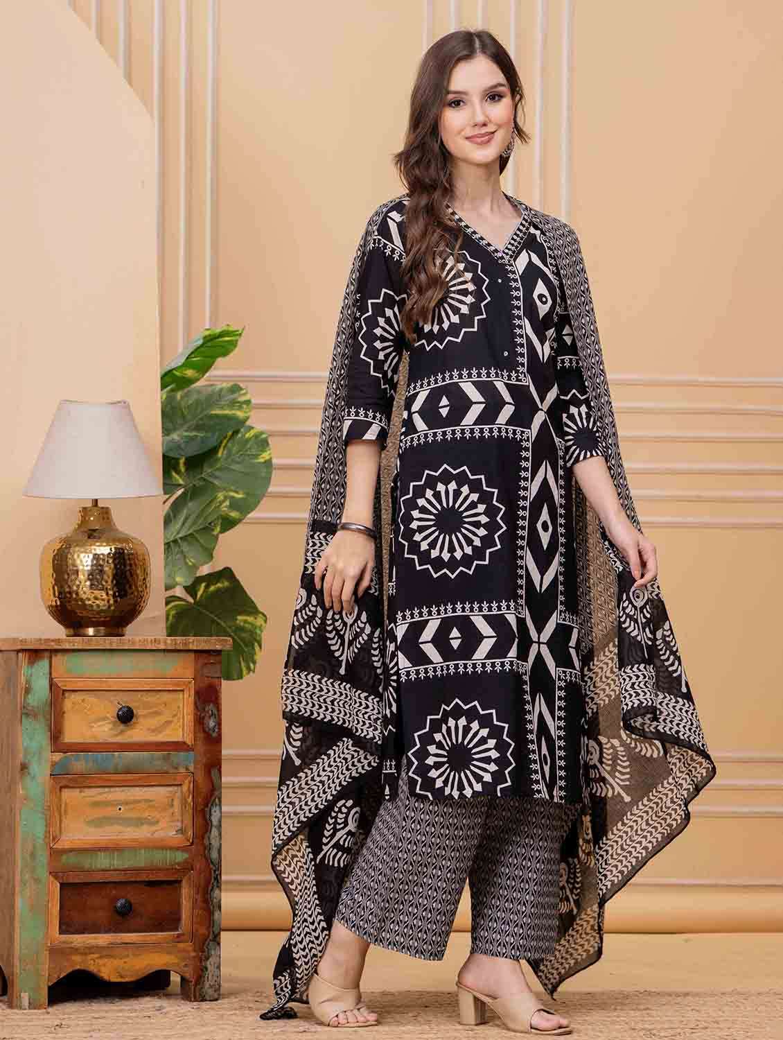 women geometric printed three quarter sleeve kurta pant with dupatta set - 22146651 -  Standard Image - 2