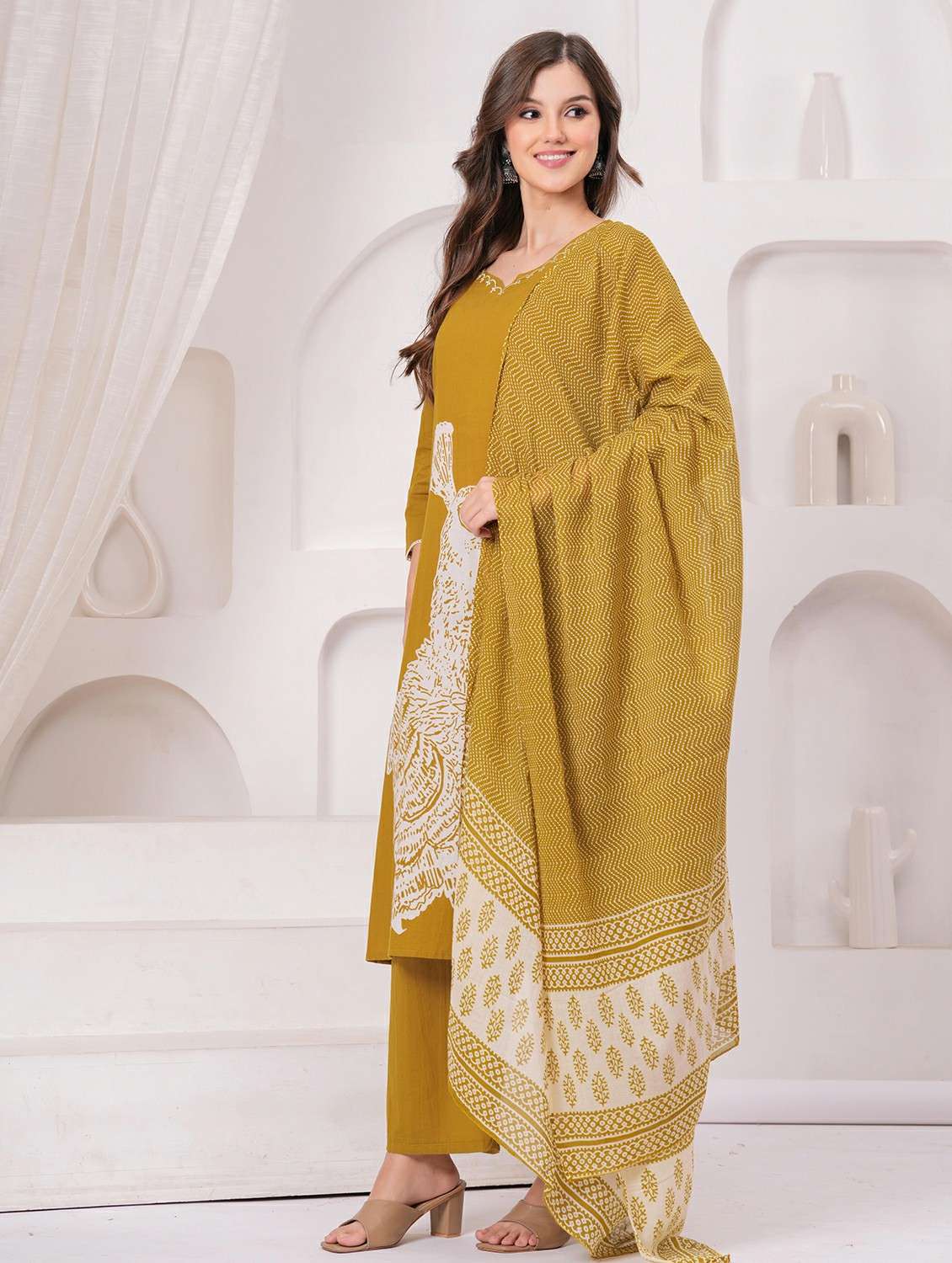 women printed three quarter sleeve kurta pant with dupatta set - 22146655 - Standard Image - 2