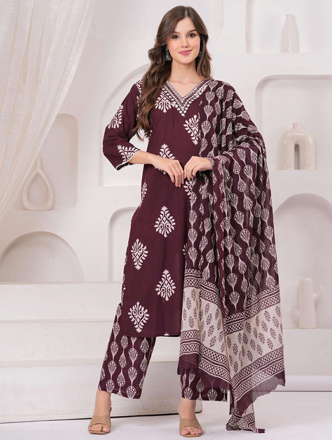 women printed three quarter sleeve kurta pant with dupatta set - 22146658 - Standard Image - 2