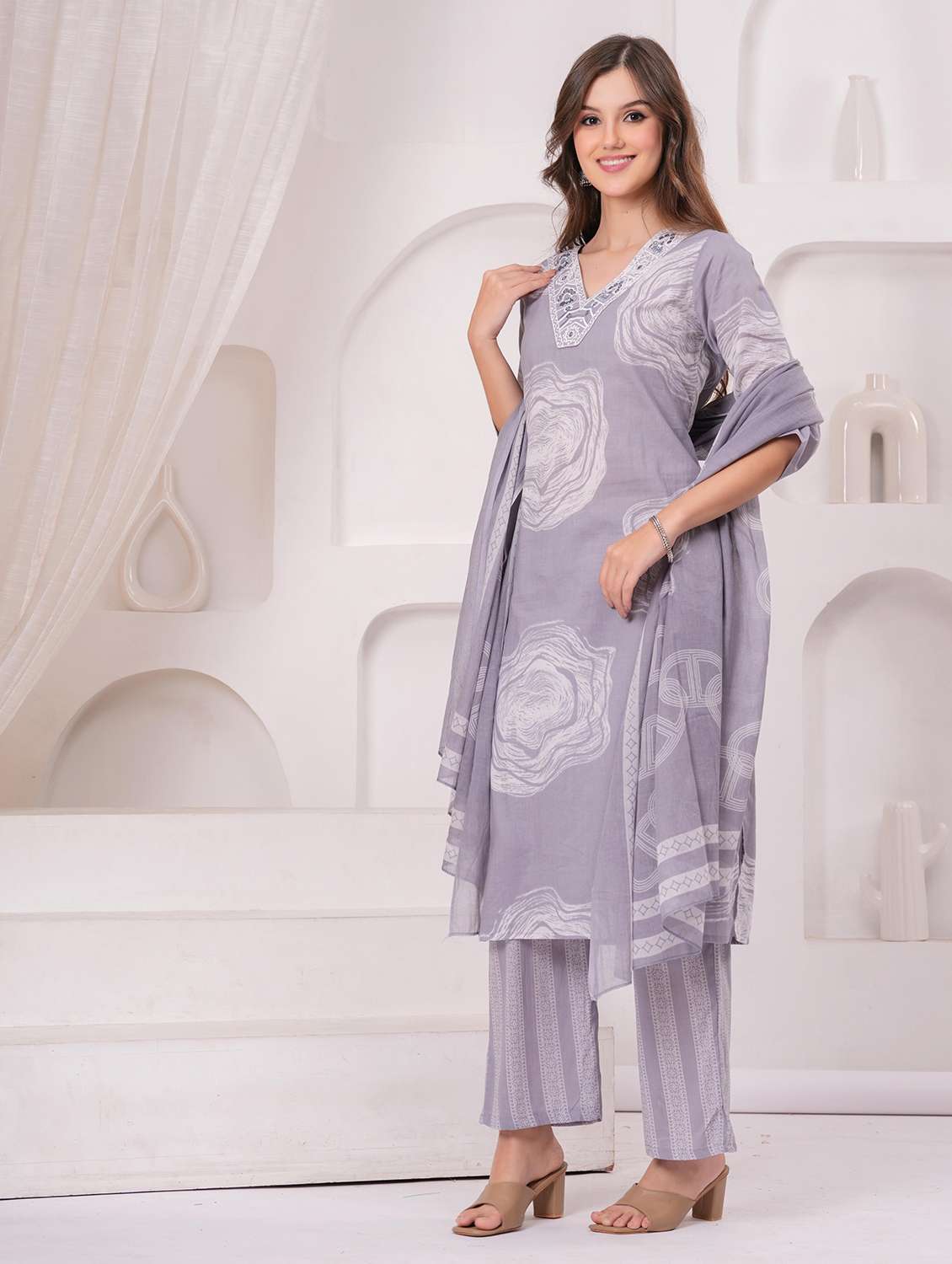 women printed three quarter sleeve kurta pant with dupatta set - 22146659 - Standard Image - 2