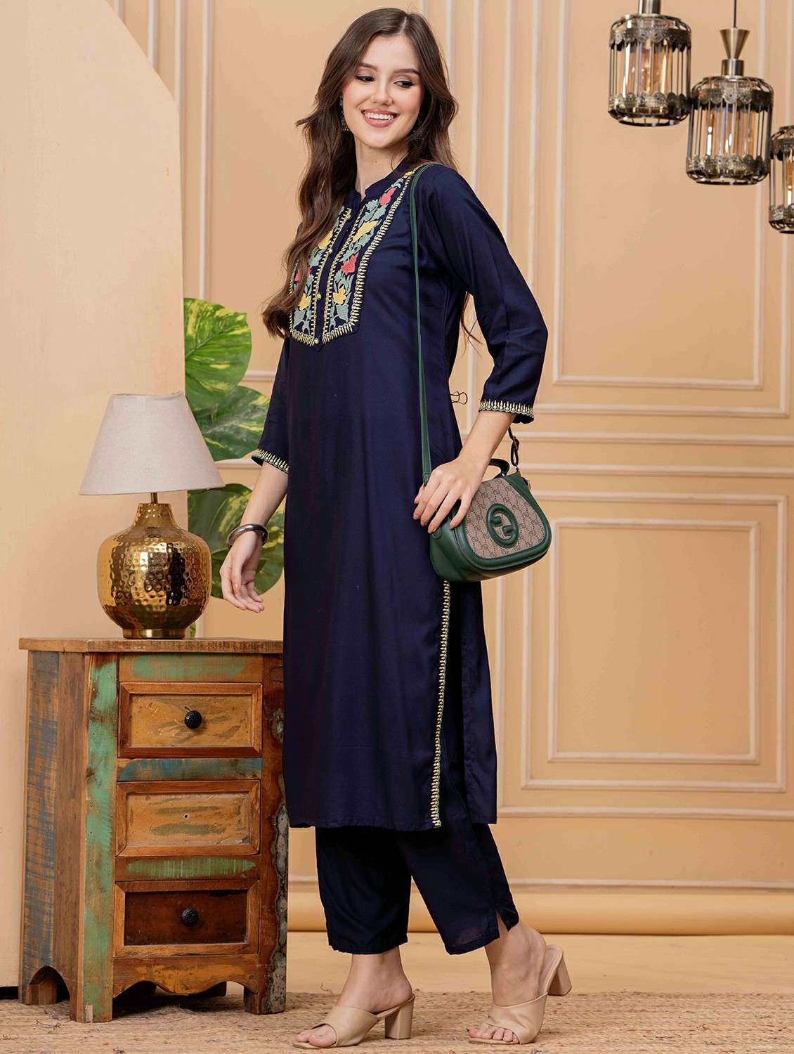 women embroidered three quarter sleeve kurta pant set