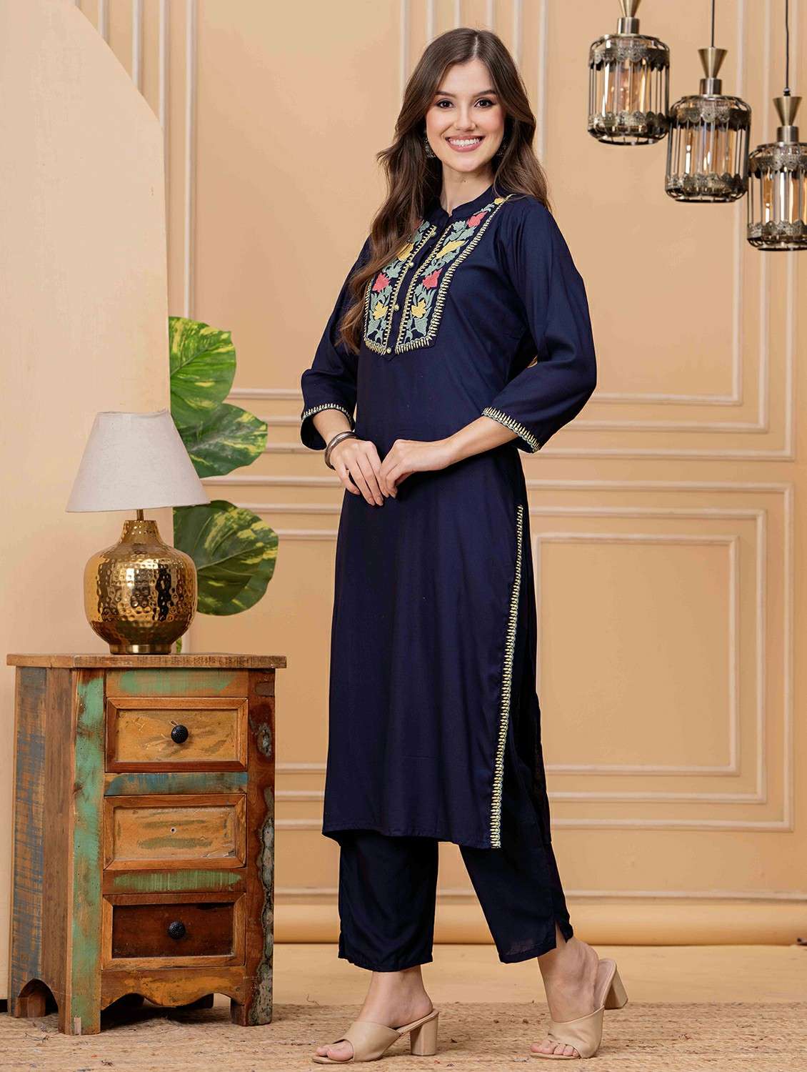 women embroidered three quarter sleeve kurta pant set - 22146660 - Standard Image - 2