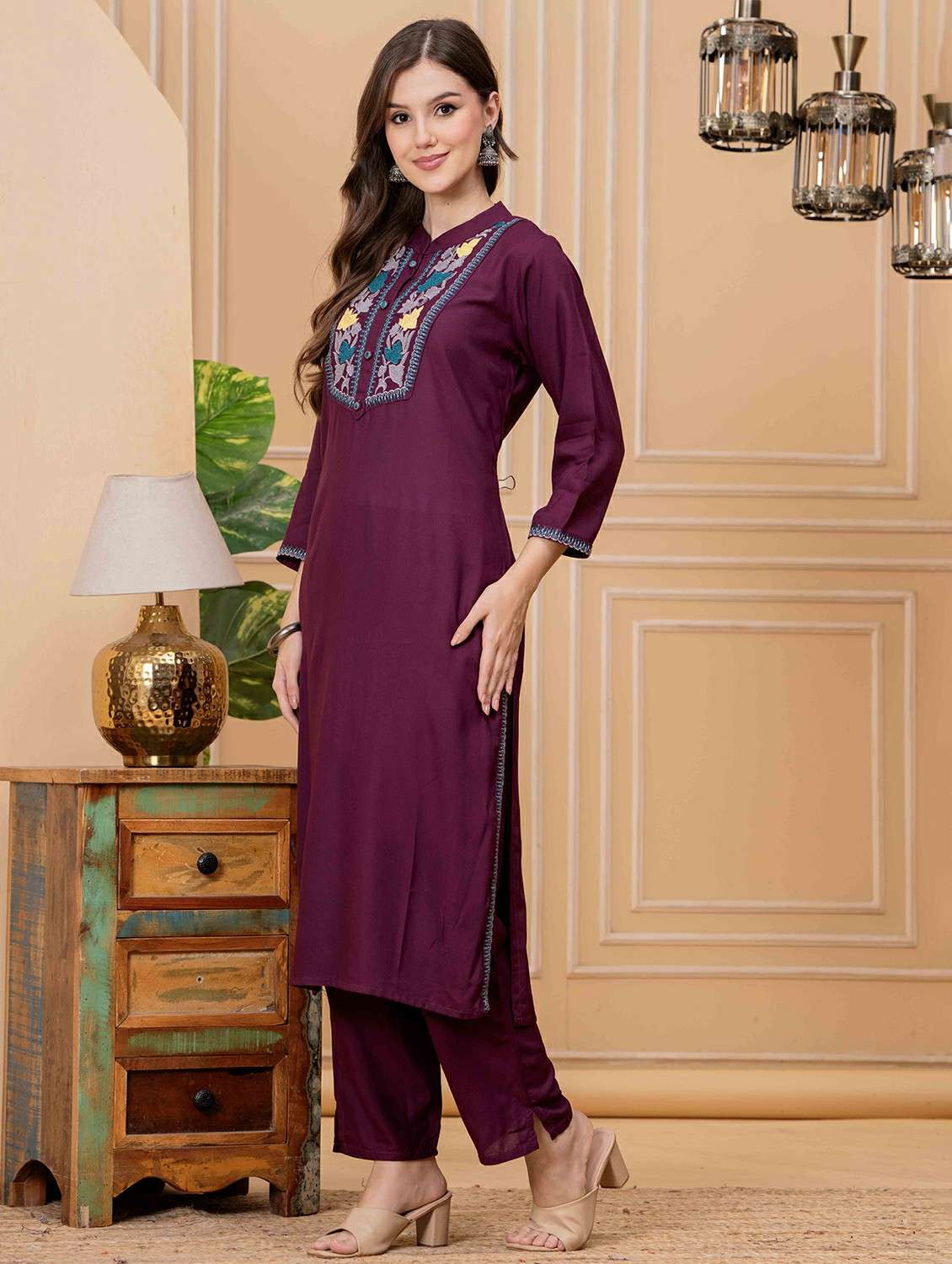 women embroidered three quarter sleeve kurta pant set - 22146661 - Standard Image - 2