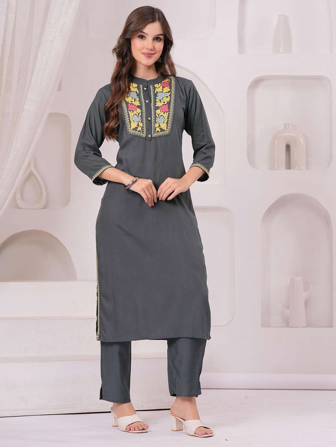 women embroidered three quarter sleeve kurta pant set - 22146662 - Standard Image - 2