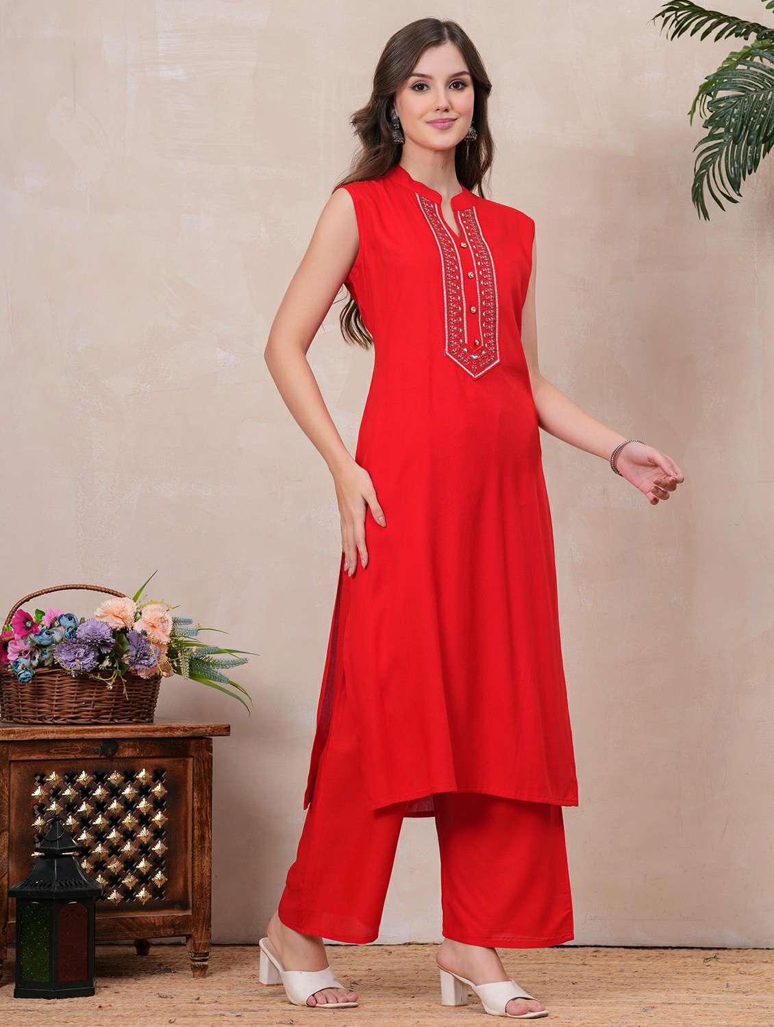 women embroidered sleeveless kurta palazzo set - 22146664 - Standard Image - 2