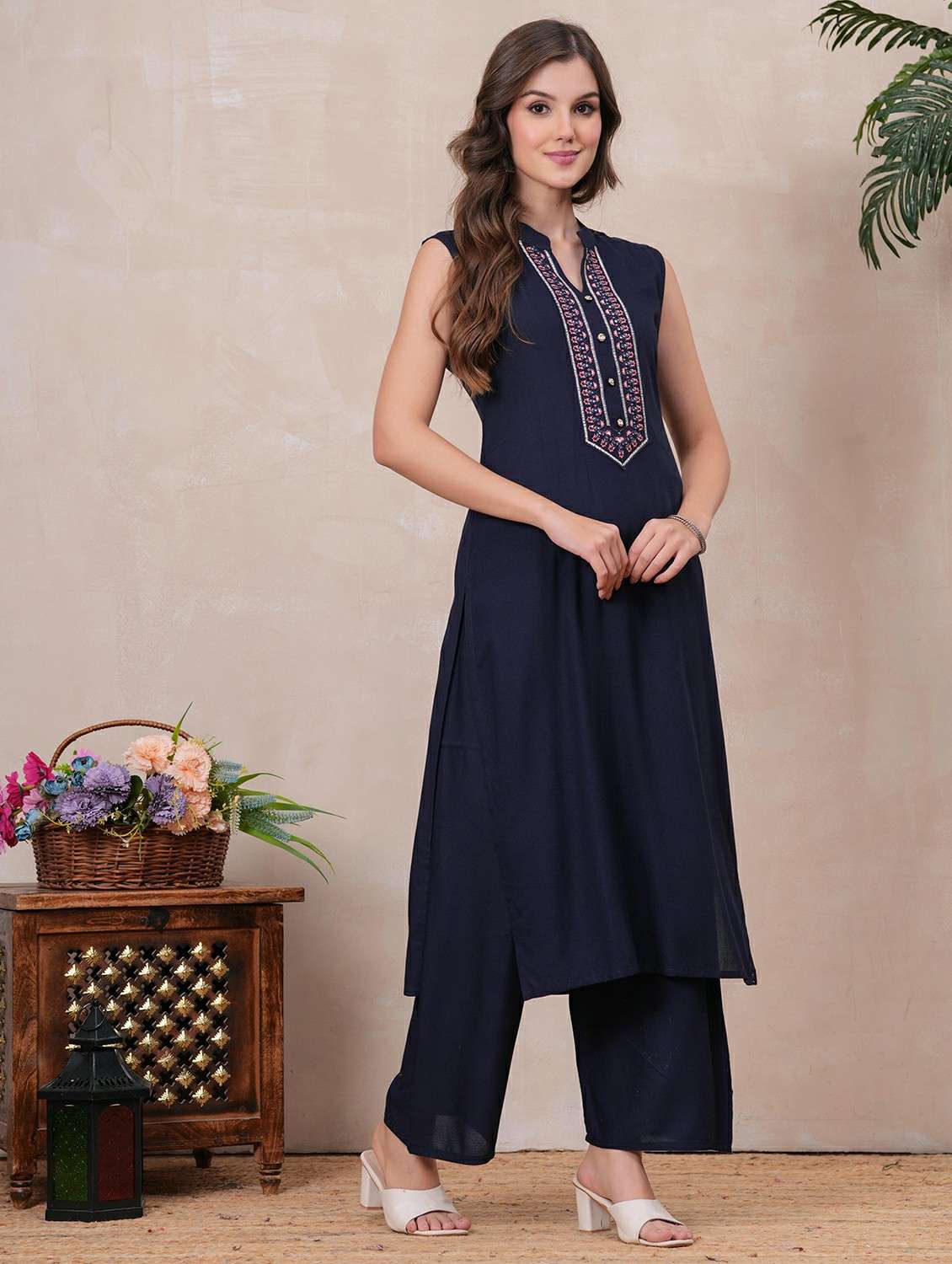 women embroidered sleeveless kurta palazzo set - 22146666 - Standard Image - 2