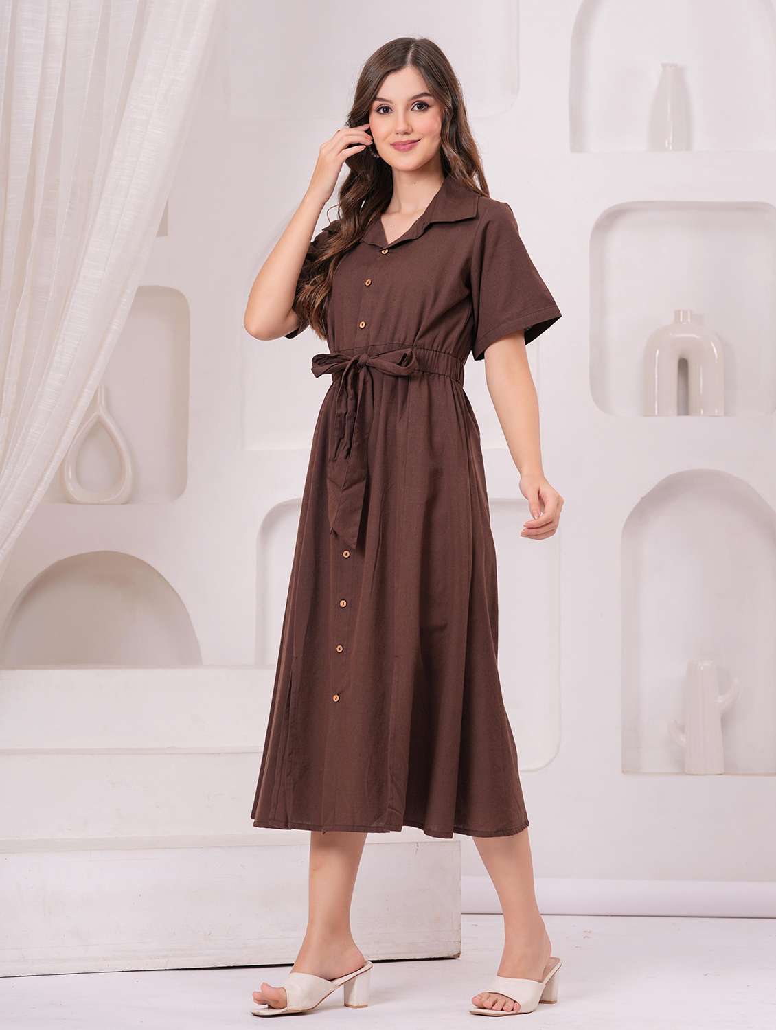 women solid short sleeve refular fit shirt dress - 22146667 -  Standard Image - 2