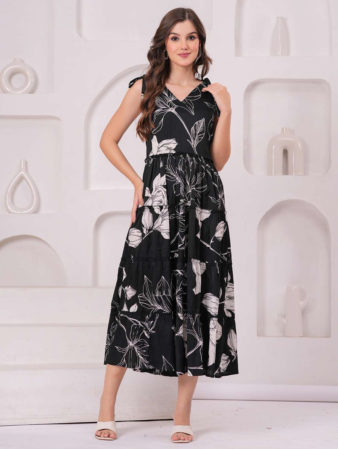 women floral printed shoulder strap tiered dress - 22146673 - Standard Image - 2