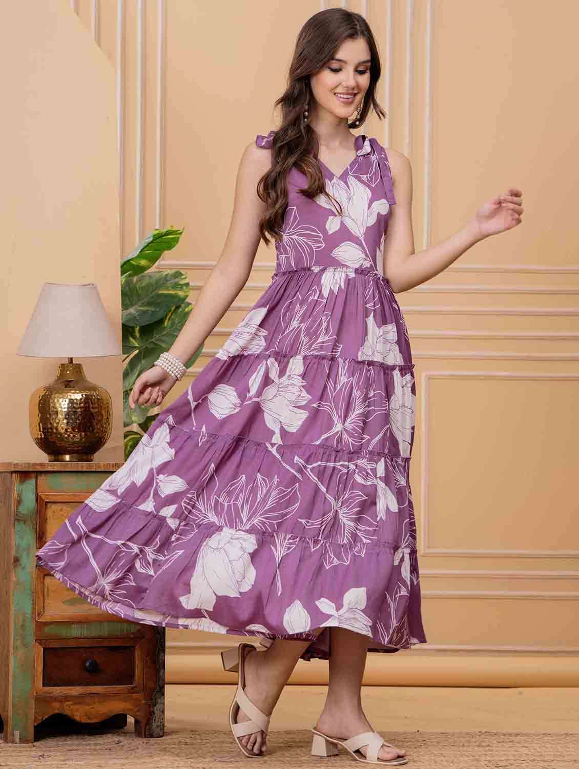 women floral printed shoulder strap tiered dress - 22146675 - Standard Image - 2