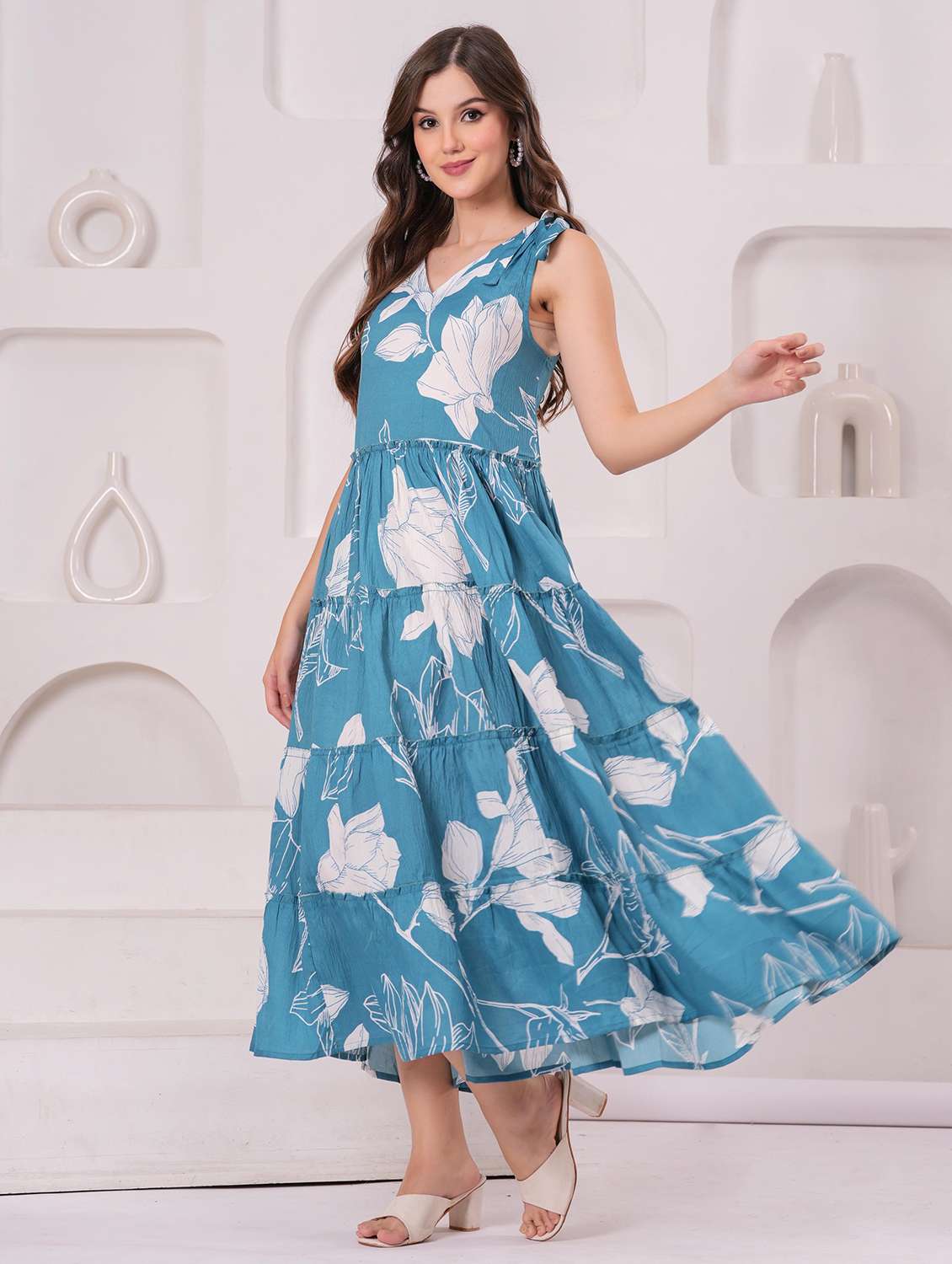women floral printed shoulder strap tiered dress - 22146676 - Standard Image - 2