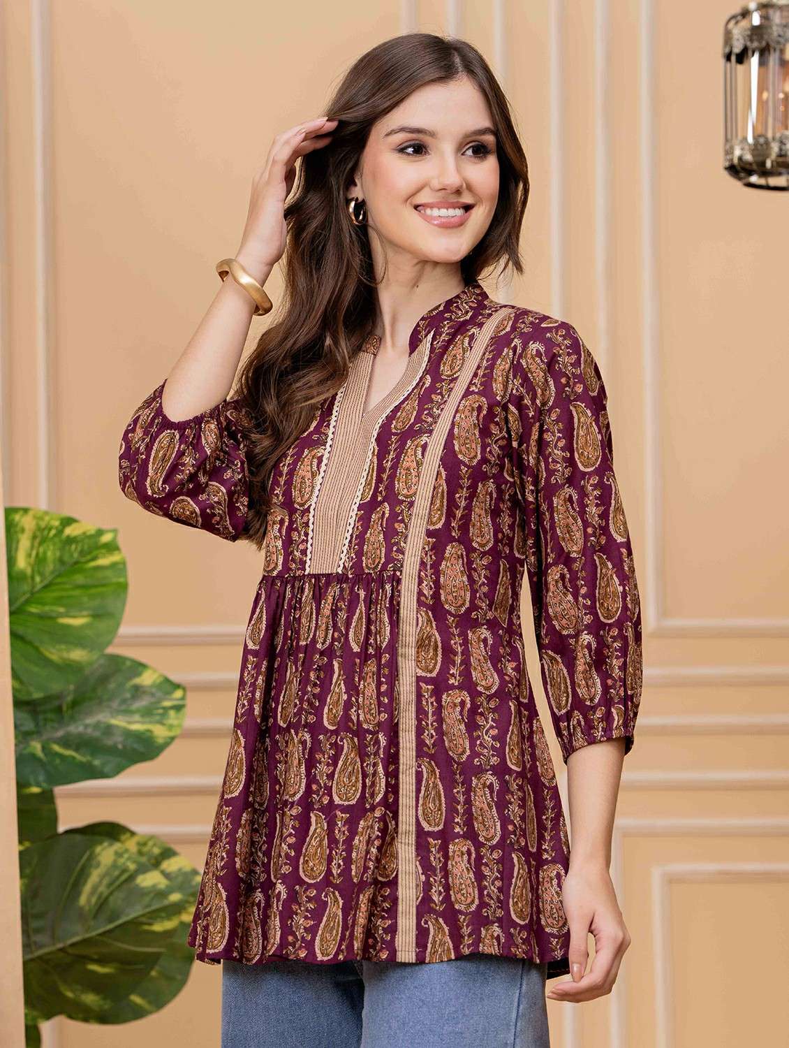 women paisley printed three quarter sleeve ethnic top - 22146686 - Standard Image - 2