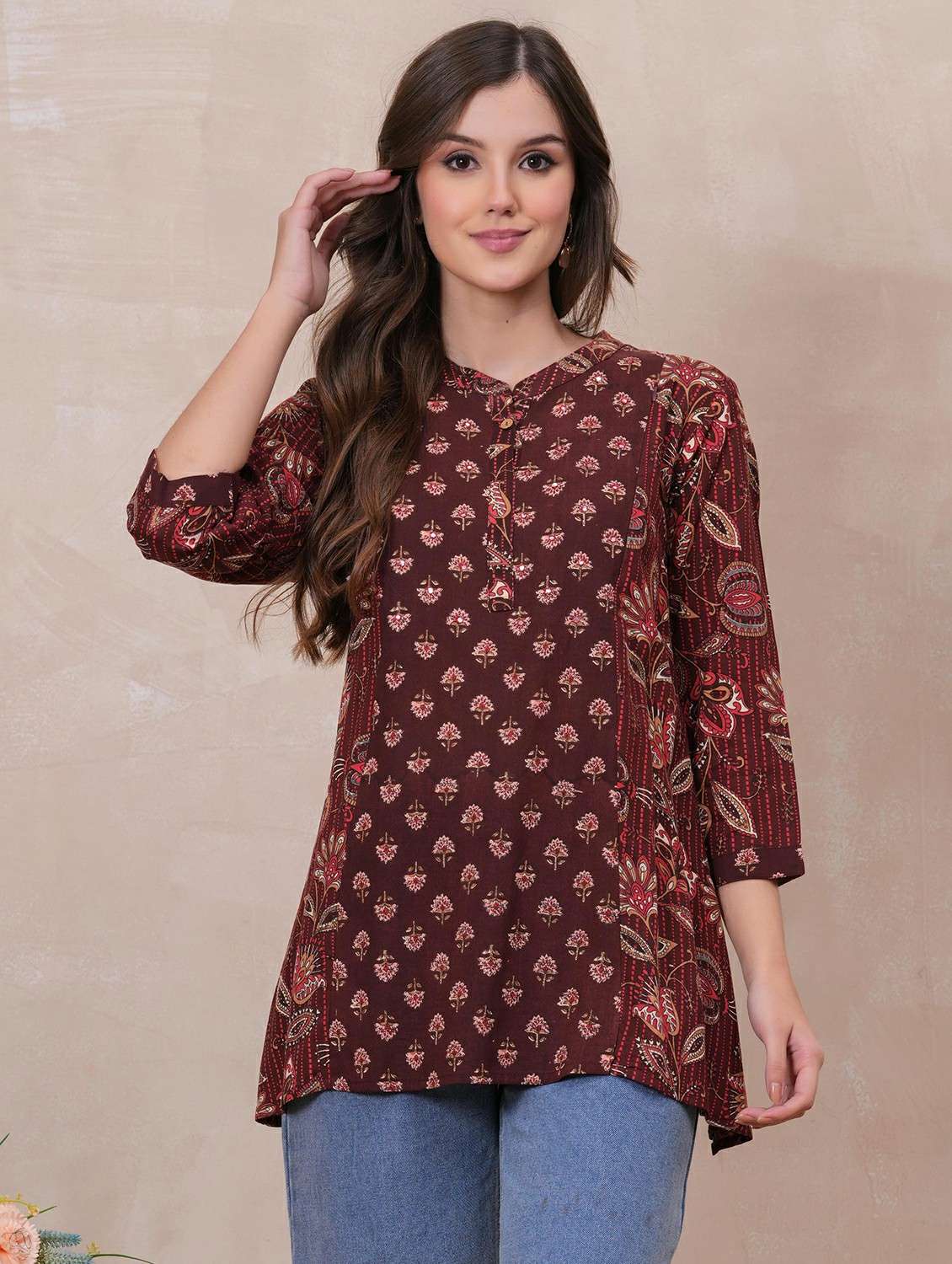 women floral printed three quarter sleeve ethnic top