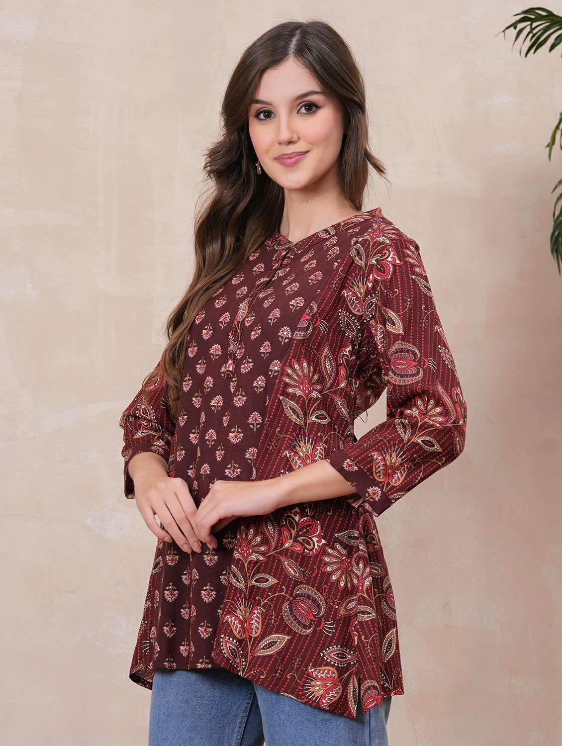 women floral printed three quarter sleeve ethnic top - 22146687 - Standard Image - 2