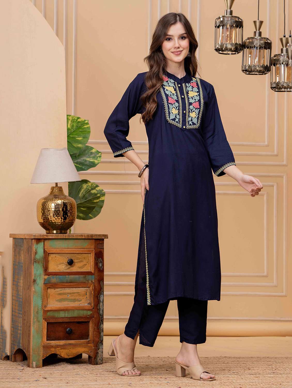 women embroidered three quarter sleeve kurta pant set - 22146752 -  Standard Image - 2