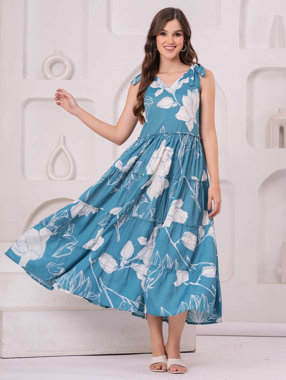 women floral printed shoulder strap tiered dress - 22146768 -  Standard Image - 2