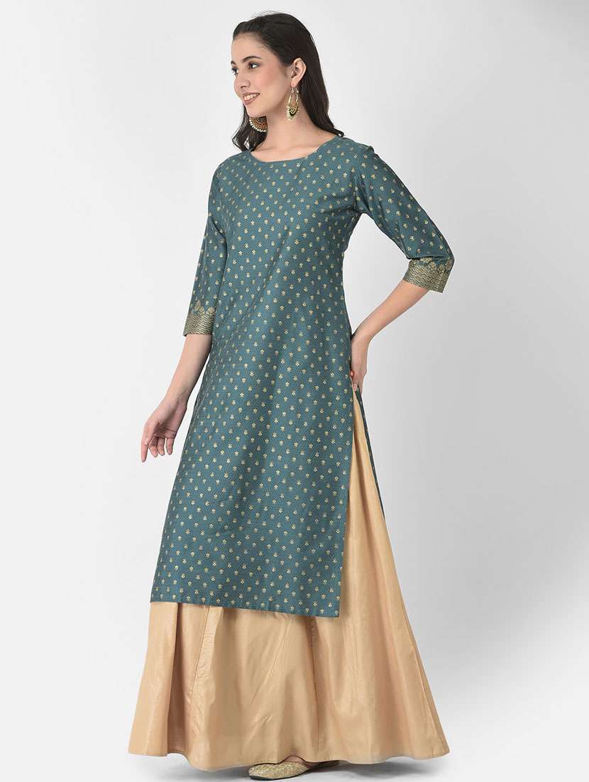 women foil print three quarter sleeve straight kurta - 22146773 -  Standard Image - 2