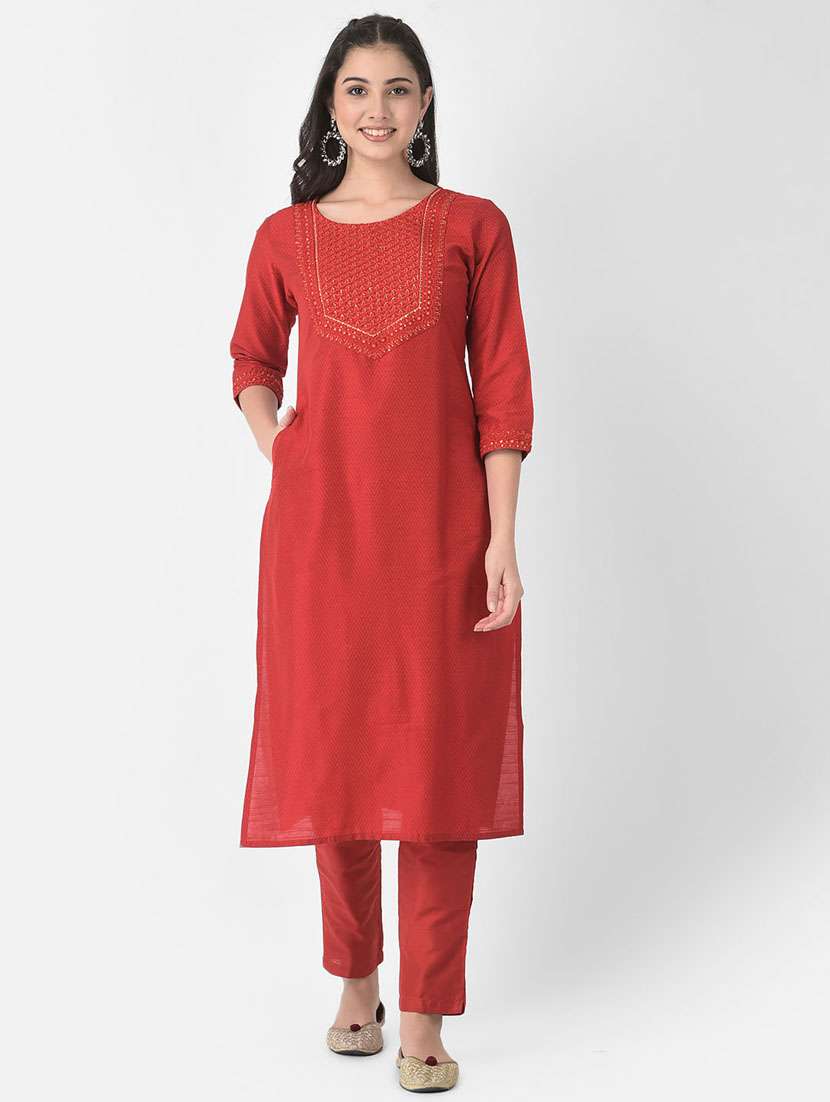 women embroidered three quarter sleeve straight kurta