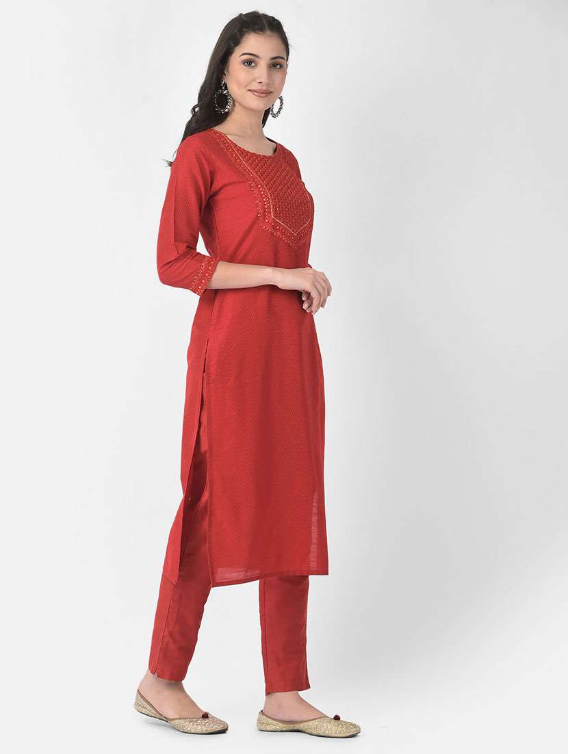 women embroidered three quarter sleeve straight kurta - 22146777 -  Standard Image - 2